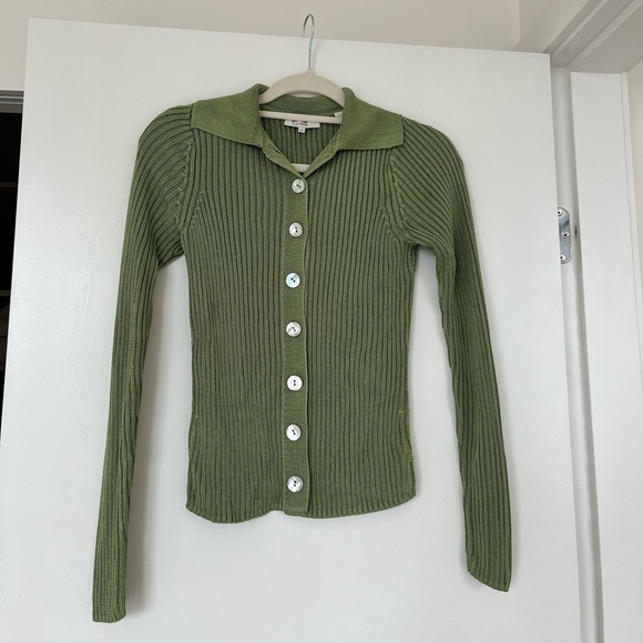 Vince Ribbed Collar Green Cardigan Sweater - Picture 3 of 7